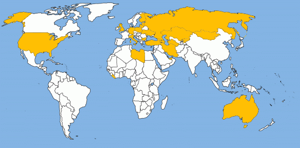 Страны в которые мы поставляем запчасти отмечены оранжевым цветом